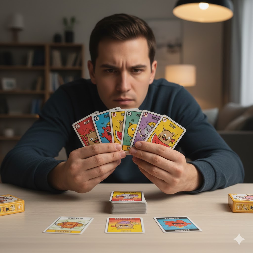 En person som holder en vifte av Exploding Kittens kort på hånden mens de ser tankefullt på bunken midt på bordet.