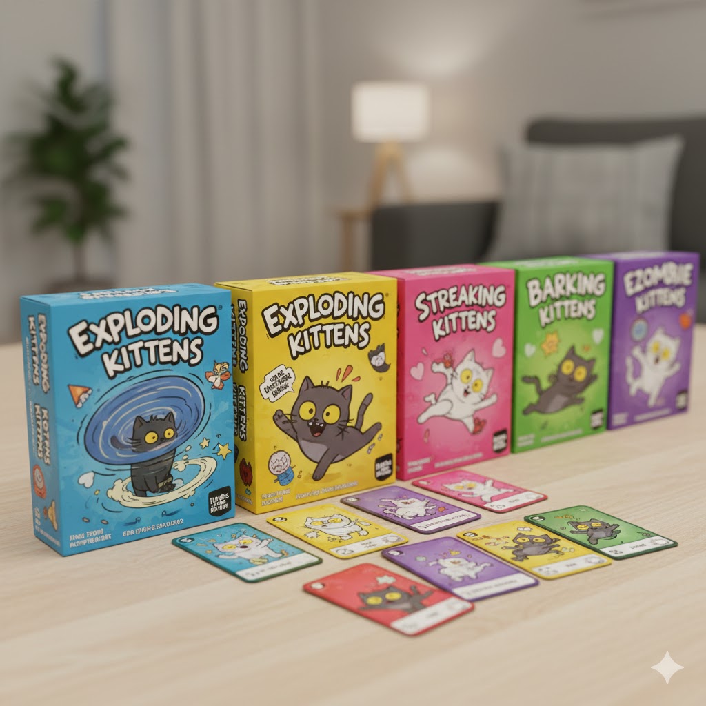 Eskene til Exploding Kittens og flere utvidelsespakker som Imploding Kittens og Streaking Kittens stilt opp ved siden av hverandre