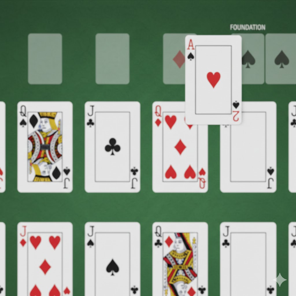 Nærbilde av grunnbunkene i FreeCell kabal hvor hjerter og ruter ess er lagt ut, og en toer er i ferd med å bli flyttet opp.