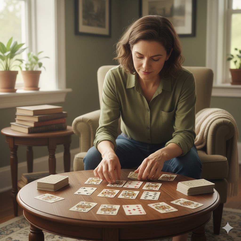 En voksen person som sitter i en rolig stue og konsentrerer seg dypt om å legge en tradisjonell kabal på et stuebord
