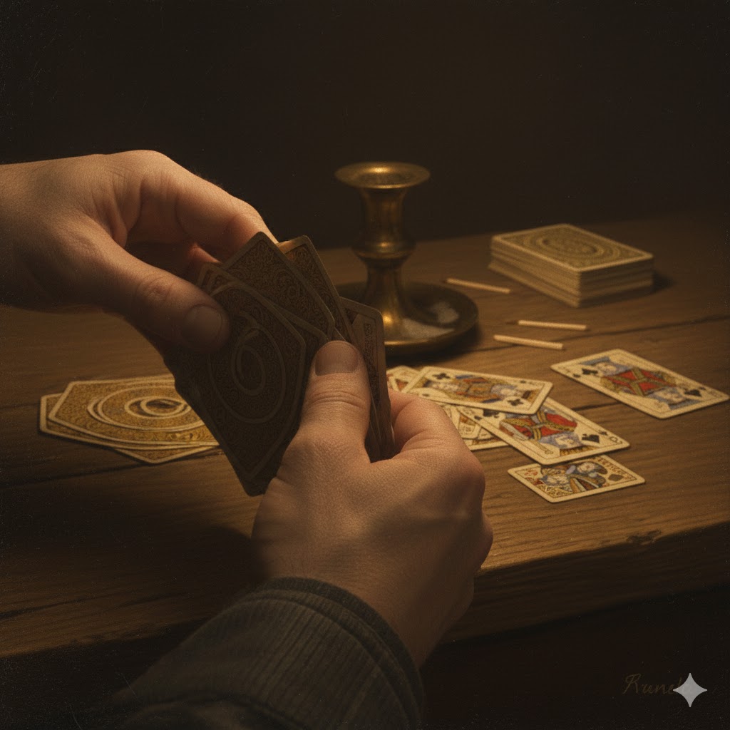 Et nærbilde av en kortstokk som stokkes profesjonelt før en ny runde med gamle kabaler starter.