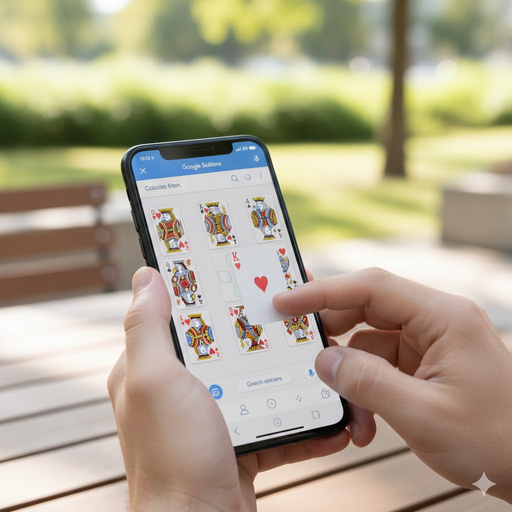 En person som holder en smarttelefon og flytter en hjerter konge i en aktiv runde med google kabal mens de er utendørs