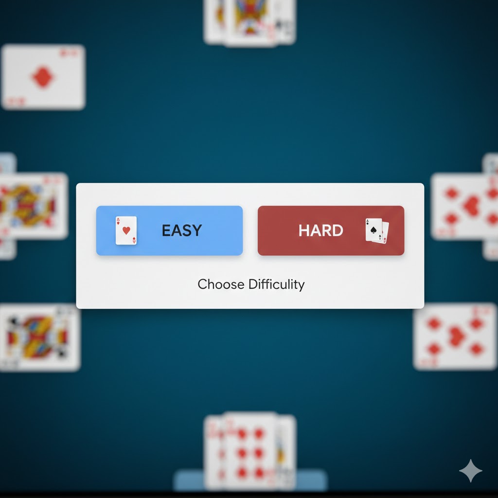 Nærbilde av valget mellom 'Easy' og 'Hard' i google kabal, med illustrasjoner av henholdsvis ett og tre kort.