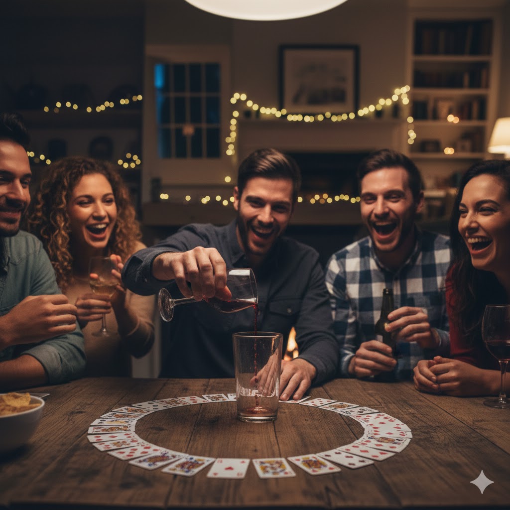 En person som trekker en konge og heller en skvett drikke i det store glasset som står midt i kortsirkelen.