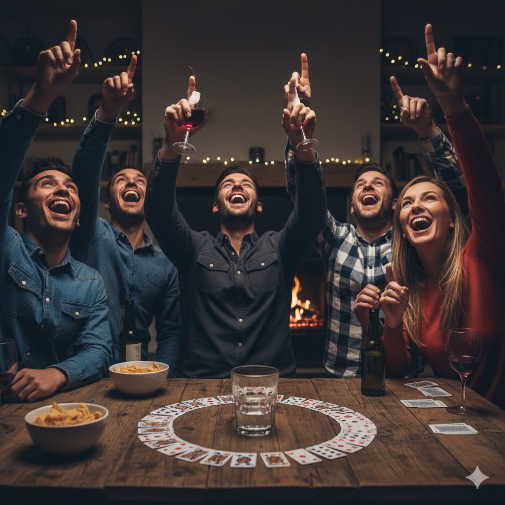 En gruppe mennesker som peker mot taket samtidig som en reaksjon på at noen har trukket kortet 'Heaven'.