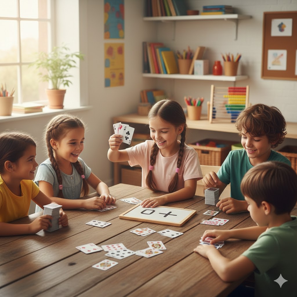 Nærbilde av barnehender som sorterer fargerike spillekort for å lære tall og enkel matematikk.