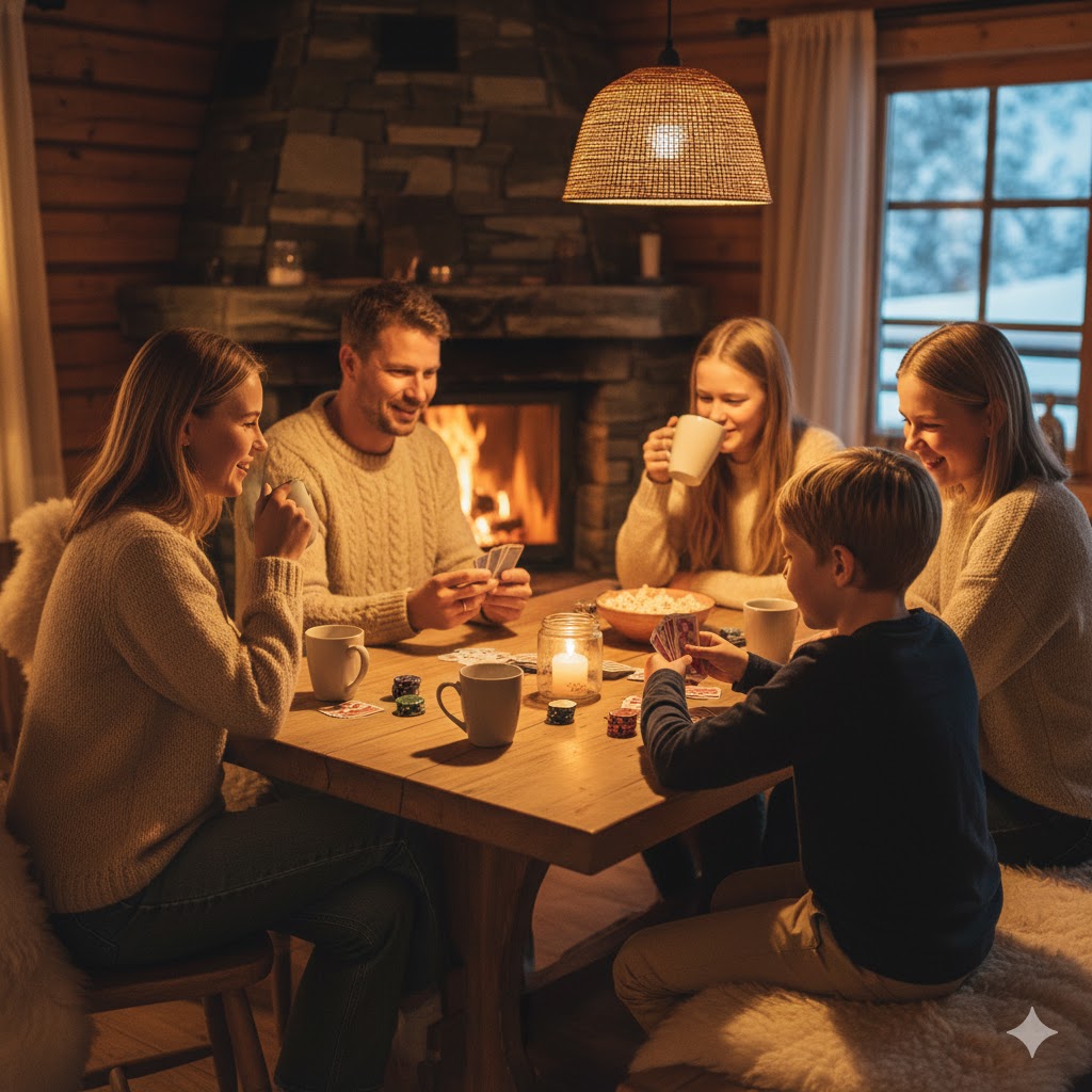 En norsk familie som sitter rundt et trebord i en hytte og spiller kort sammen i varm belysning.
