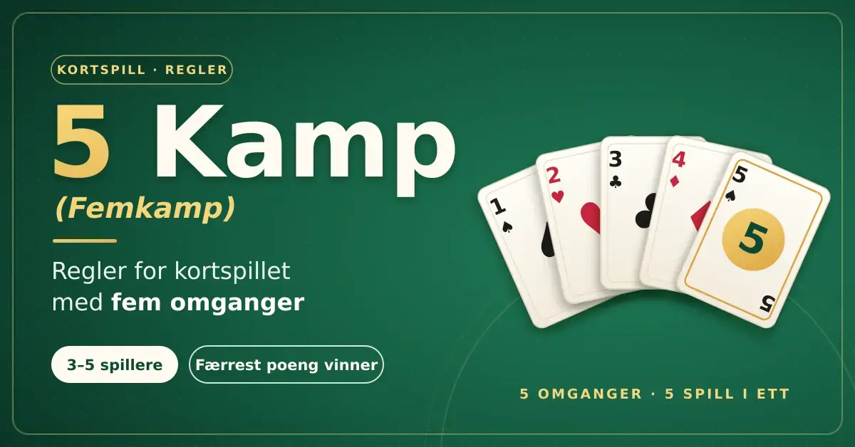 Illustrasjon av fem spillkort i vifte, nummerert fra 1 til 5, på grønt kortbord med teksten «5 Kamp (Femkamp) – Regler for kortspillet med fem omganger».