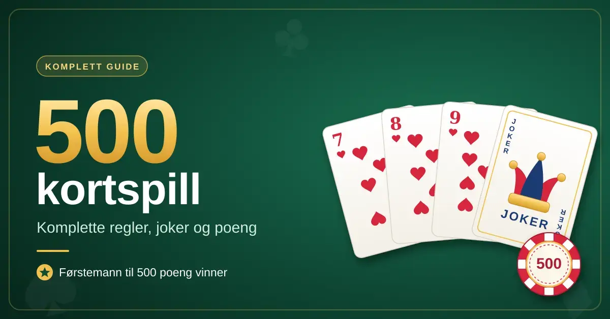 Illustrasjon for 500 kortspill med hjerter sju, åtte og ni og en joker i vifte på et grønt filtbord, en spillesjetong merket 500 og teksten «Komplette regler, joker og poeng».