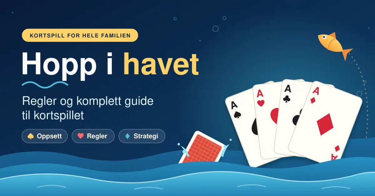 Illustrasjon av fire ess i vifte som stiger opp av havbølger, med en gul fisk som hopper og teksten «Hopp i havet – regler og komplett guide til kortspillet».