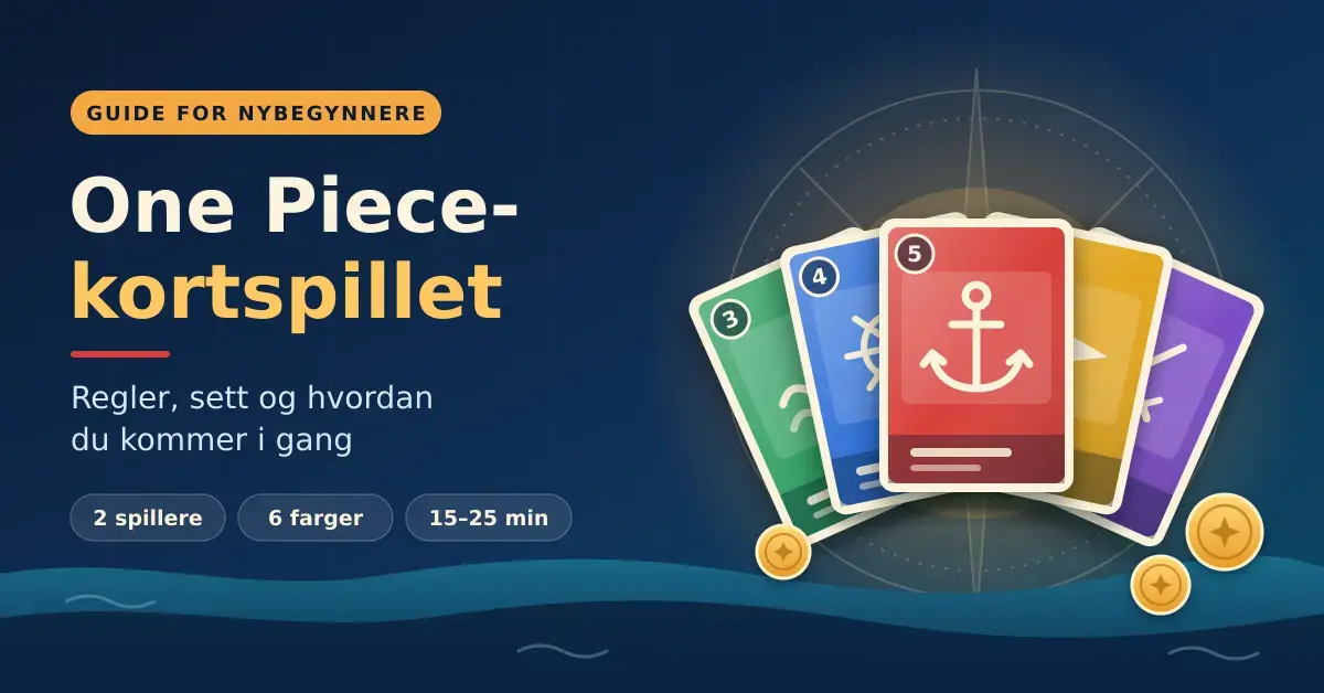 Illustrasjon med teksten «One Piece-kortspillet – regler, sett og hvordan du kommer i gang» ved siden av en vifte av fargerike spillkort med ankermotiv, gullmynter og et kompass over et stilisert hav.