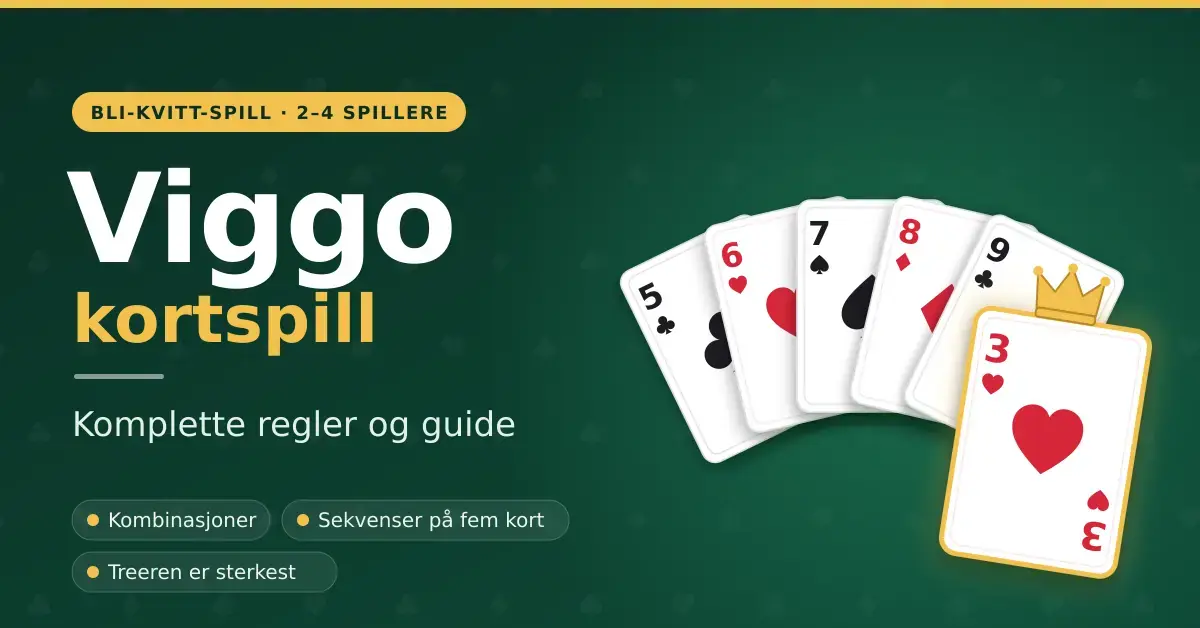 Illustrasjon for Viggo kortspill med en vifte av spillkort fra fem til ni som danner en sekvens, og hjerter tre med gullkrone som viser at treeren er det sterkeste kortet, på grønn filtbakgrunn.