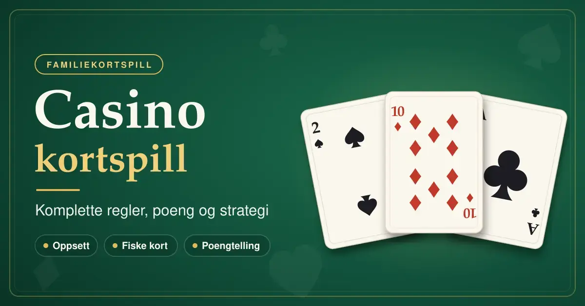 Illustrasjon med teksten «Casino kortspill – komplette regler, poeng og strategi» og tre spillekort, spar 2, ruter 10 og kløver ess, på et grønt spillebord.