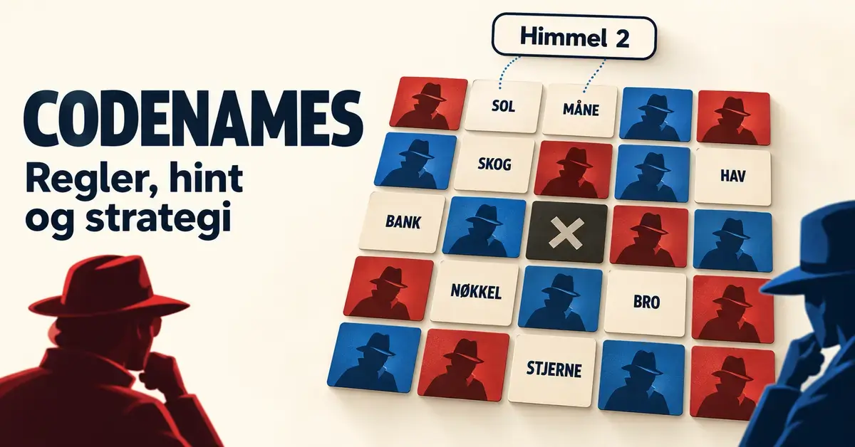 Illustrasjon av Codenames med et rutenett av ordkort, røde og blå spioner og hintet «Himmel 2» koblet til ordene «SOL» og «MÅNE».