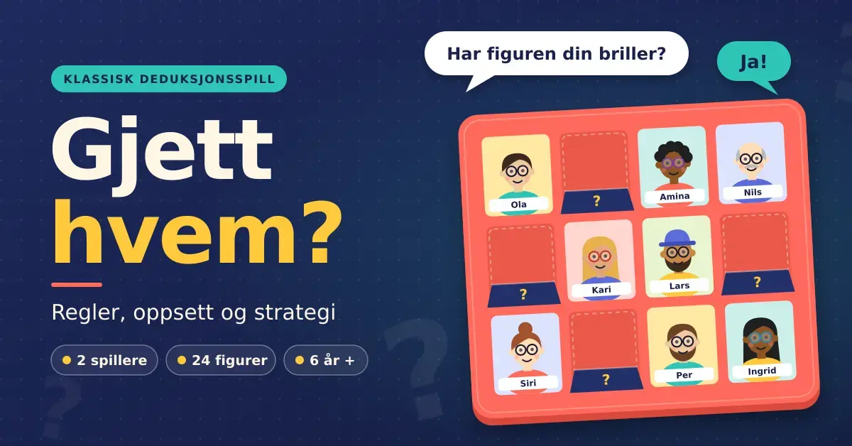 Illustrasjon av et Gjett hvem-brett med tegnede figurer med briller og flere figurer vippet ned, en snakkeboble som spør «Har figuren din briller?» med svaret «Ja!», og teksten «Gjett hvem? Regler, oppsett og strategi».