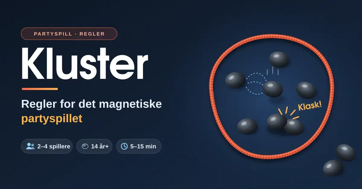 Illustrasjon av partyspillet Kluster med mørke magneter inne i en rød snorring, der to magneter smekker sammen, ved siden av teksten «Kluster – regler for det magnetiske partyspillet» og info om 2–4 spillere, 14 år+ og 5–15 minutter.