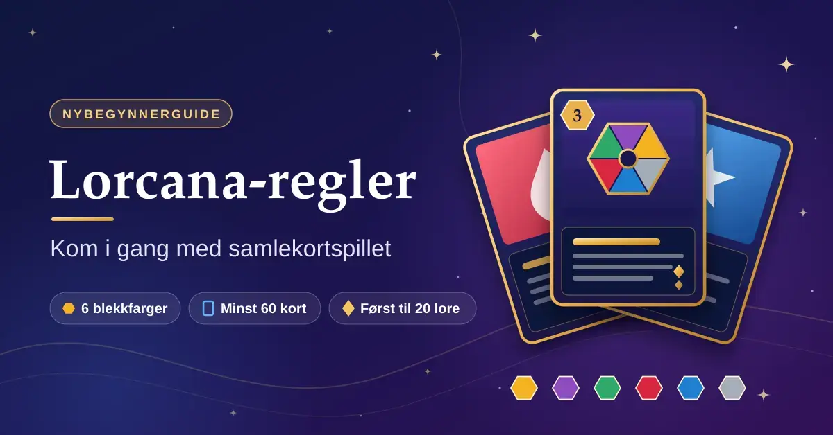 Illustrasjon med teksten «Lorcana-regler – Kom i gang med samlekortspillet» ved siden av en vifte av magiske spillekort og seks sekskantede edelsteiner i de seks blekkfargene.