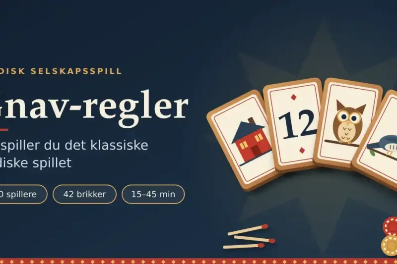 Illustrasjon av fire Gnav-brikker i tre med hus, tallet 12, ugle og gjøk, ved siden av teksten «Gnav-regler – slik spiller du det klassiske nordiske spillet», med fyrstikker og sjetonger som innsats.