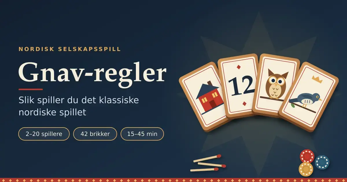 Illustrasjon av fire Gnav-brikker i tre med hus, tallet 12, ugle og gjøk, ved siden av teksten «Gnav-regler – slik spiller du det klassiske nordiske spillet», med fyrstikker og sjetonger som innsats.