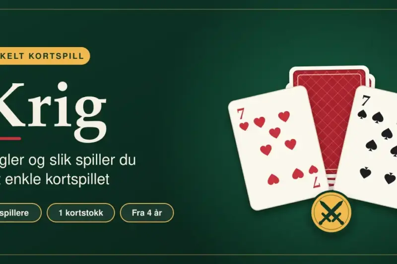 Illustrasjon av kortspillet Krig med en rød sjuer og en svart sjuer som ligger mot hverandre oppå en bunke med kort med baksiden opp, på grønn bakgrunn med teksten «Krig – regler og slik spiller du det enkle kortspillet».