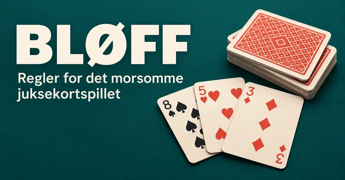 Illustrasjon av en bunke kort med baksiden opp og tre åpne spillkort på grønn bakgrunn, med teksten «Bløff – Regler for det morsomme juksekortspillet».