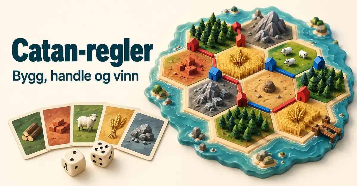 Illustrasjon av en Catan-inspirert øy med sekskantede landskapsfelt, hus, veier, ressurskort og terninger, med teksten «Catan-regler – Bygg, handle og vinn».