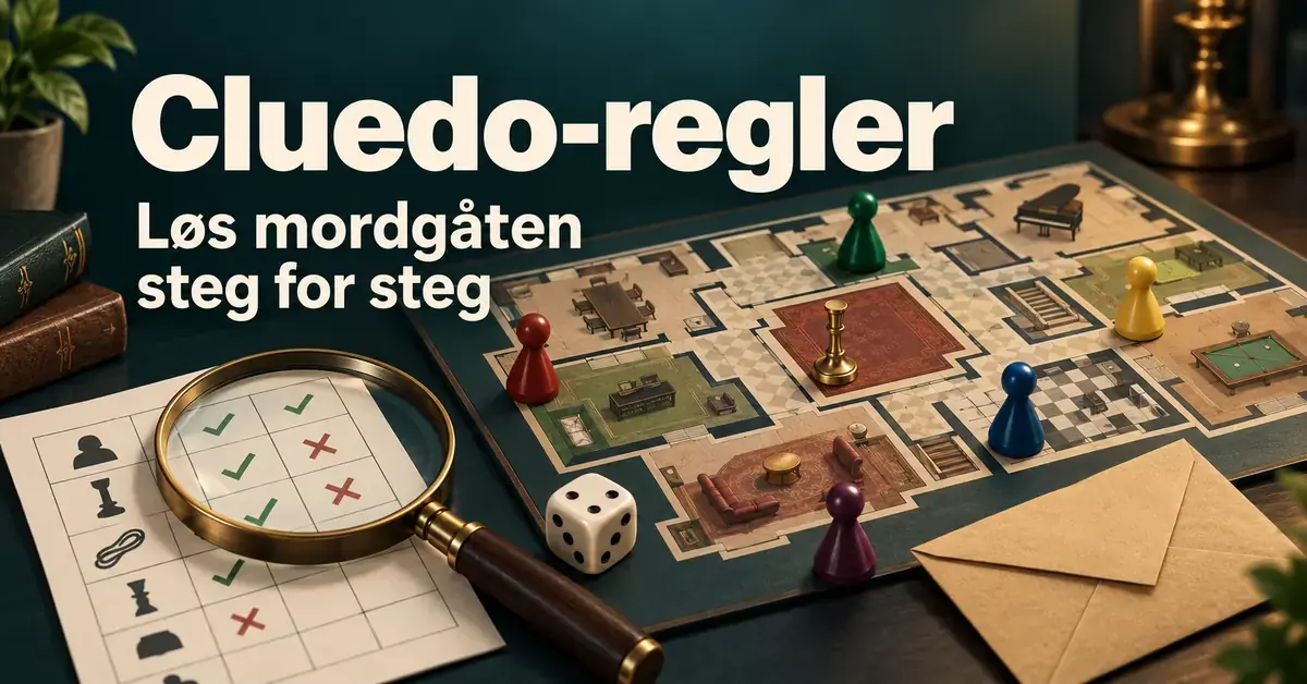 Illustrasjon av et detektivspill med spillebrett, fargede brikker, forstørrelsesglass og notatark, med teksten «Cluedo-regler – Løs mordgåten steg for steg».