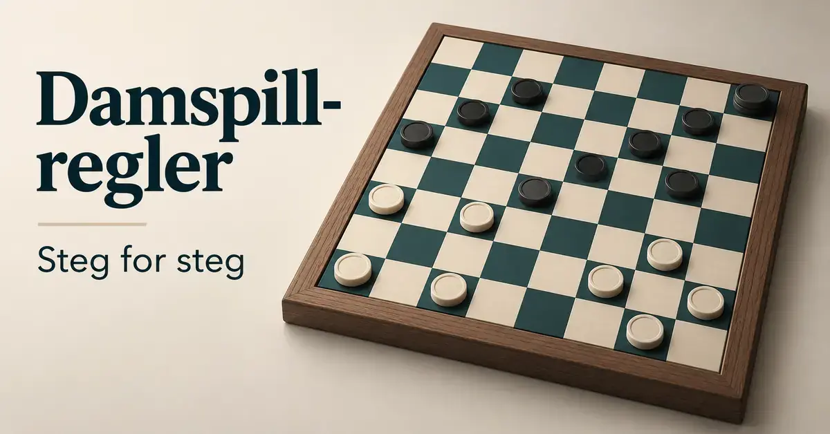 Et dambrett med lyse og mørke brikker og en stablet konge ved siden av teksten «Damspill-regler – Steg for steg».