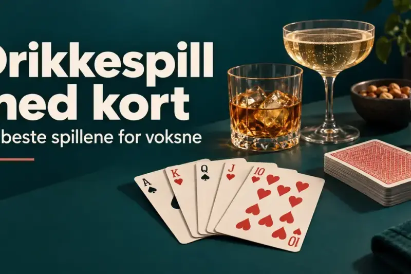 Spillkort, en kortstokk og tre drikkeglass på et mørkegrønt bord med teksten «Drikkespill med kort – De beste spillene for voksne».