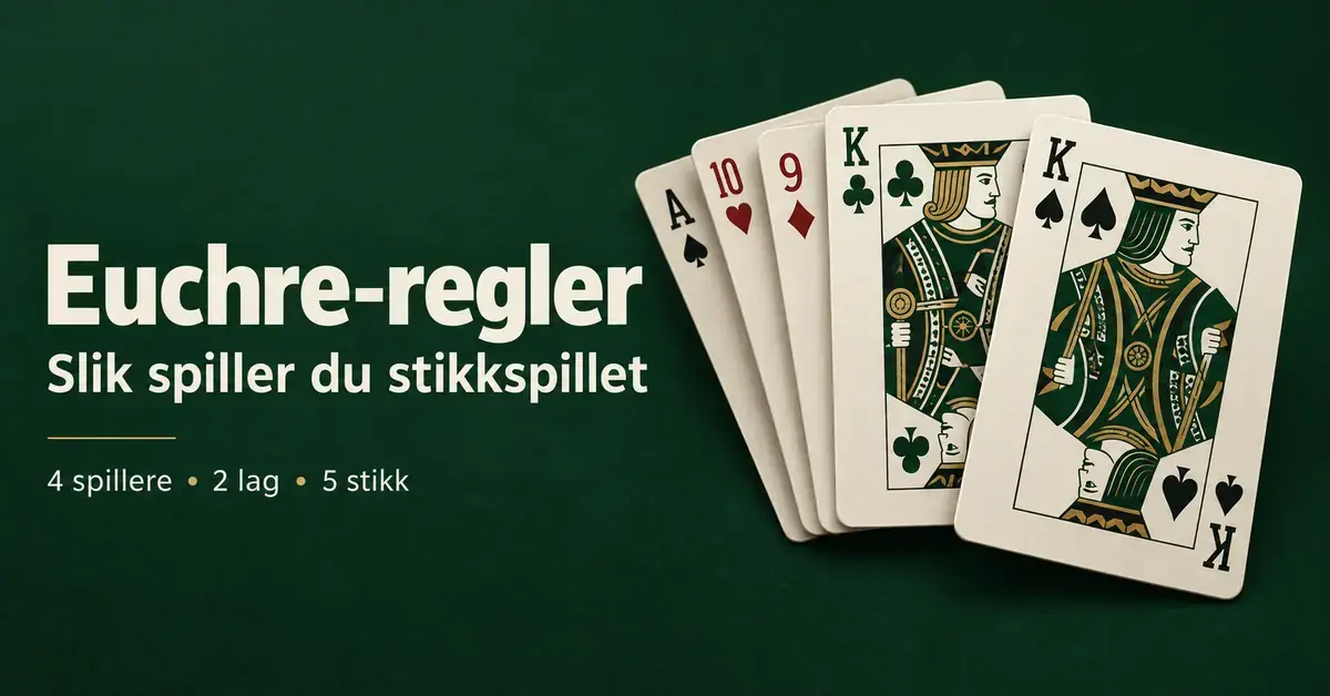 Fem spillkort i vifte på mørkegrønn bakgrunn med teksten «Euchre-regler – Slik spiller du stikkspillet» og «4 spillere • 2 lag • 5 stikk».