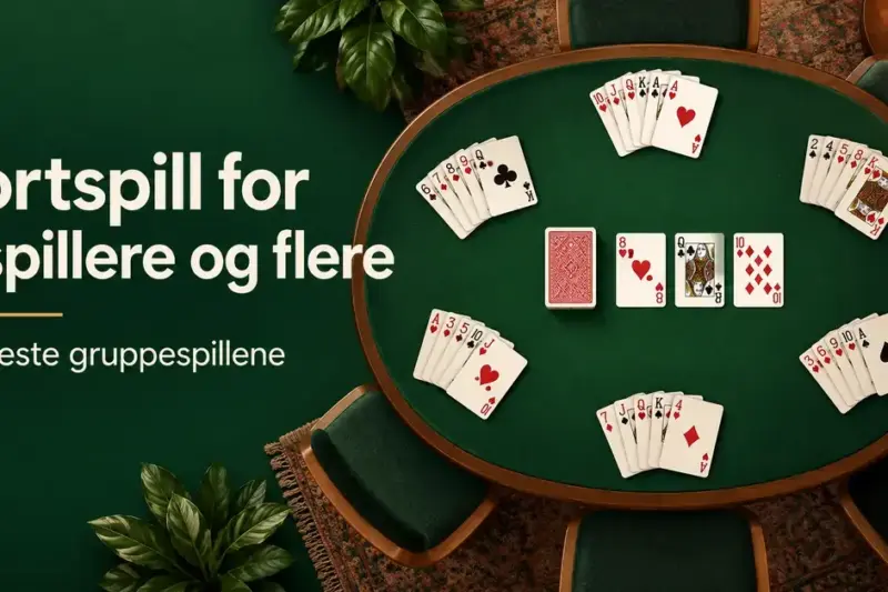 Seks sett med spillkort ligger rundt et grønt bord ved siden av teksten «Kortspill for 5 spillere og flere – De beste gruppespillene».