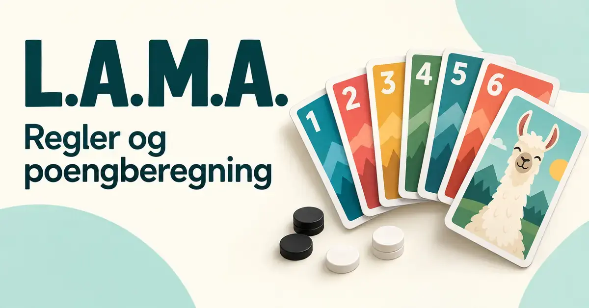 Illustrasjon av fargerike tallkort, et kort med en lama og poengbrikker ved siden av teksten «L.A.M.A. – Regler og poengberegning».