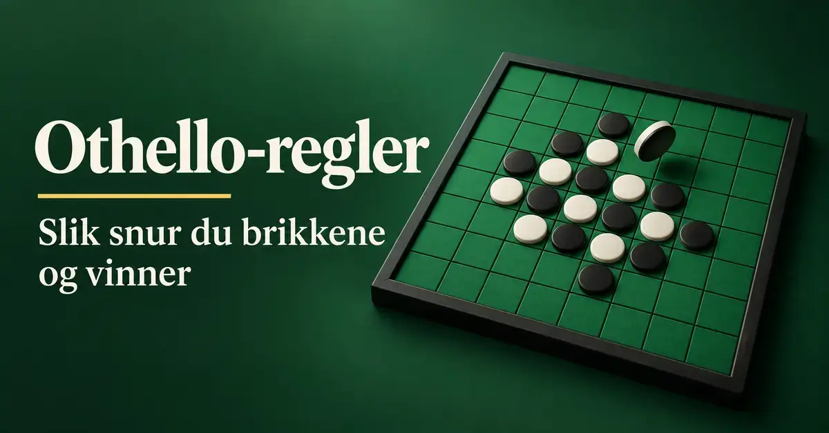 Grønt Othello-brett med svarte og hvite brikker og en brikke som snus, ved siden av teksten «Othello-regler: Slik snur du brikkene og vinner».