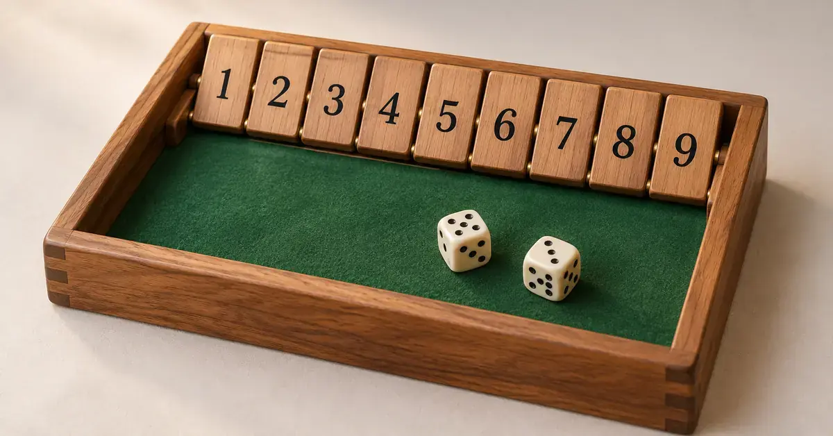 Shut the Box-spill i en trekasse med grønn filt, ni nummererte brikker fra 1 til 9 og to terninger.