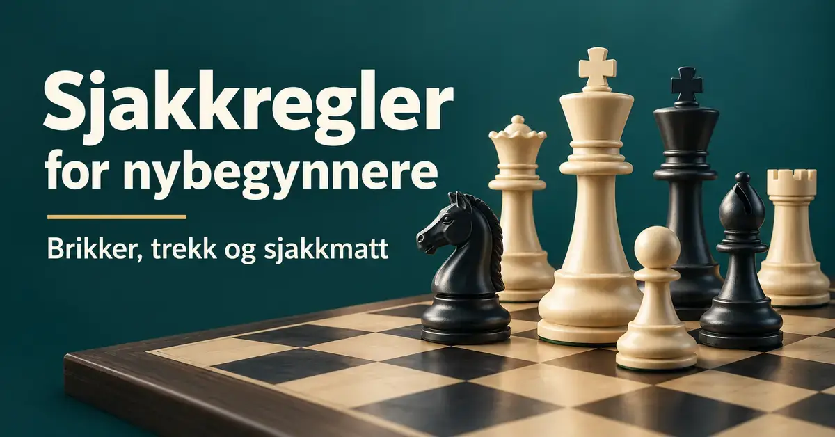 Hvite og svarte sjakkbrikker på et sjakkbrett mot en mørk turkis bakgrunn, med teksten «Sjakkregler for nybegynnere – Brikker, trekk og sjakkmatt».