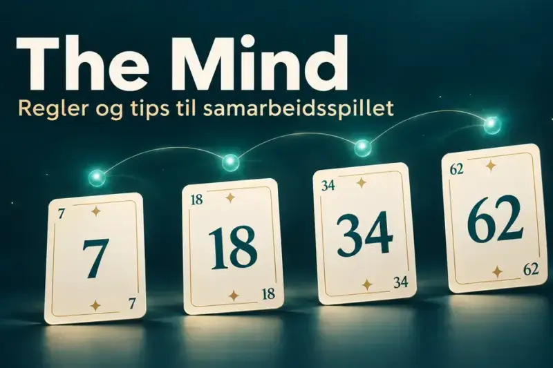 Illustrasjon til The Mind med kortene 7, 18, 34 og 62 i stigende rekkefølge og lysende forbindelser som symboliserer samarbeid.