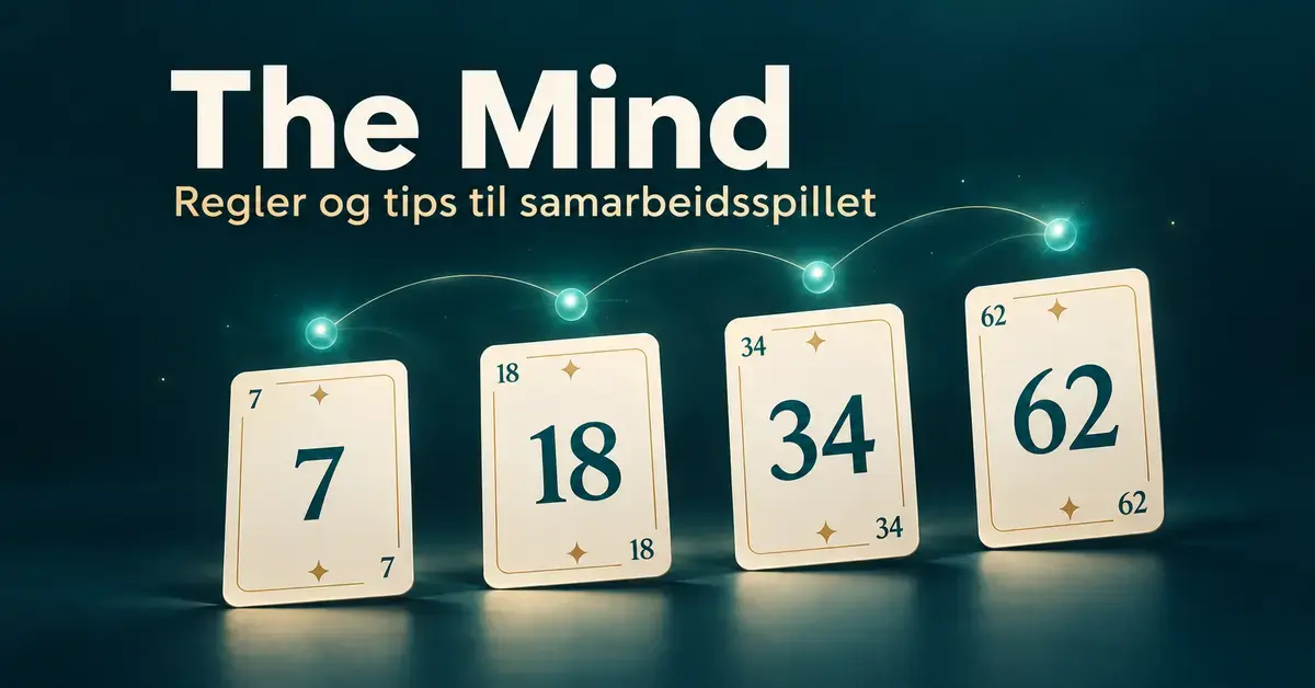 Illustrasjon til The Mind med kortene 7, 18, 34 og 62 i stigende rekkefølge og lysende forbindelser som symboliserer samarbeid.